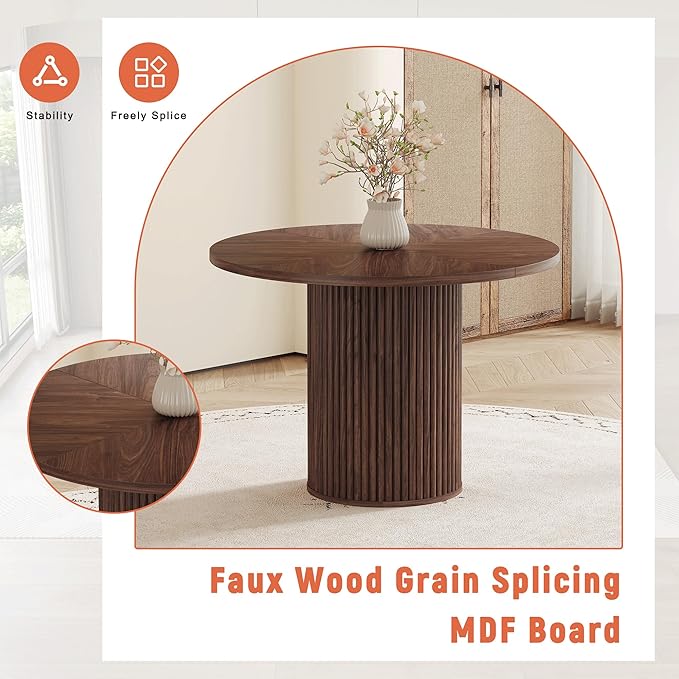 Round Dining Table Set for 6 with Storage, 42" Round Dining Table with 6 Fabric Chairs, 7 Piece Kitchen Table Chairs Set of 6 with Thick Wood Top, Roman Column Pedestal, Space-Saving