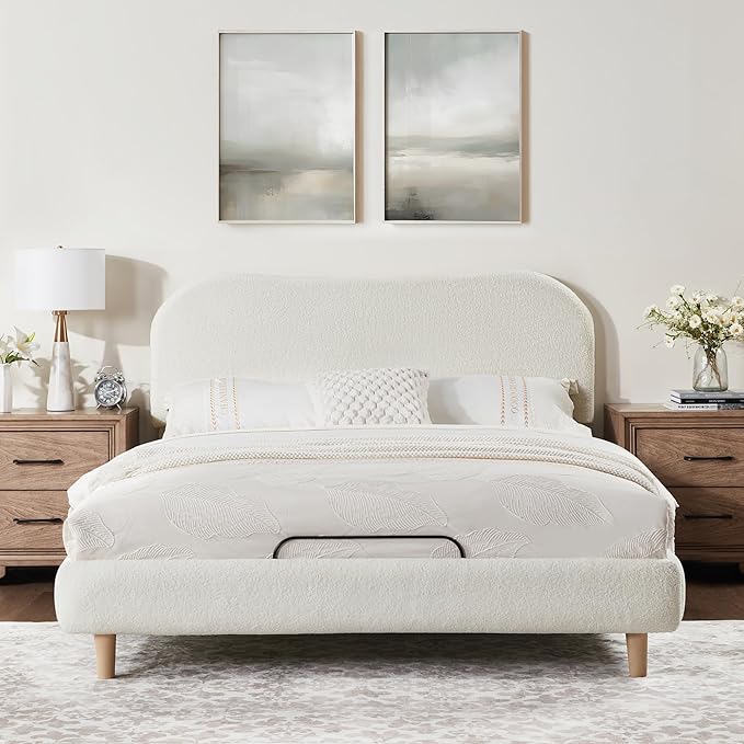 FLEXISPOT Queen All-in-One Adjustable Bed with Fluffy Boucle Bed Frame, Soft Cloud Bed with Head & Foot Incline, Adjustable Headboard, Thick Foam Padding, 10-Year Warranty, Easy Assembly, White