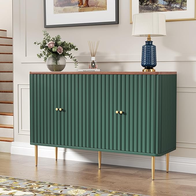 HLR Sideboard Buffet Cabinet, 48" Modern Accent Cabinet with 4 Door and Removable Shelves, Credenza with Storage for Living Room, Dinning Room, Entryway, Green