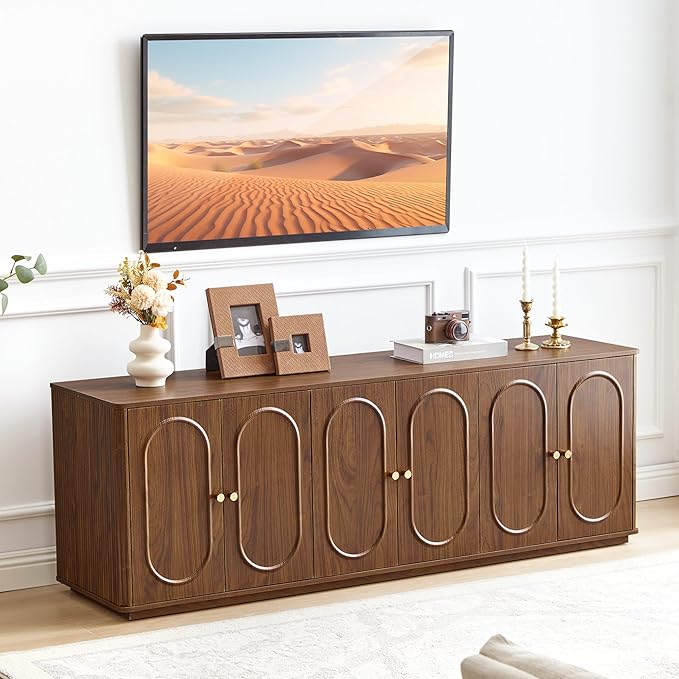 63'' Fluted Sideboard Buffet Cabinet with Storage and 6 Doors, Low Storage Cabinet Modern Wooden Accent Credenza Console Table for Kitchen Dining Living Room Entryway, (63"W*15.75"D*21.4"H) Walnut