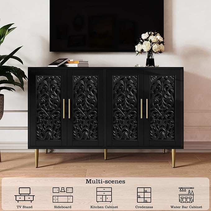 ARTPOWER 47.8" Accent Cabinet with 4 Doors, Vintage Hollow Carving Buffet Cabinet, Sideboards and Buffets with Storage, Credenza for Living Room, Kitchen, Dining Room, Entryway, Hallway, Black