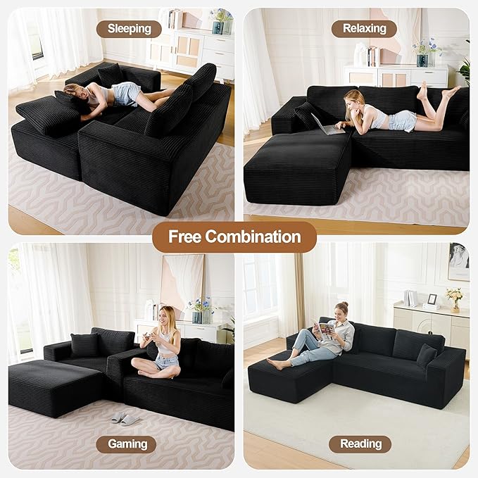 106" Cloud Modular Sectional Sofa Couch with L-Shape Chaise,Modern Boneless Sectional Couch with Deep Seat,Upholstered Couches for Living Room Bedroom,No Assembly Required,Black