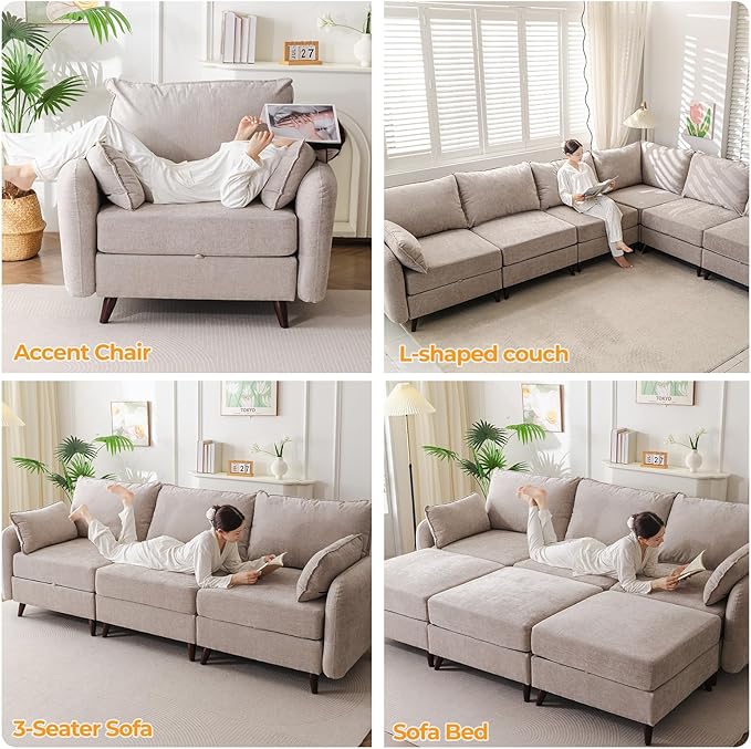104'' Modular Sectional Sofa with All Seats Storage, Oversized L Shaped Couch for Living Room,3-Seater Comfy Cloud Couches with Movable Ottoman,Big Sectional for Bedroom,Velet,Khaki