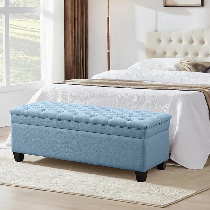 50" Storage Ottoman Bench, Rectangular End of Bed Storage Bench, Upholstered Large Fabric Tufted Ottoman with Storage for Living Room, Bedroom, Entryway,Blue