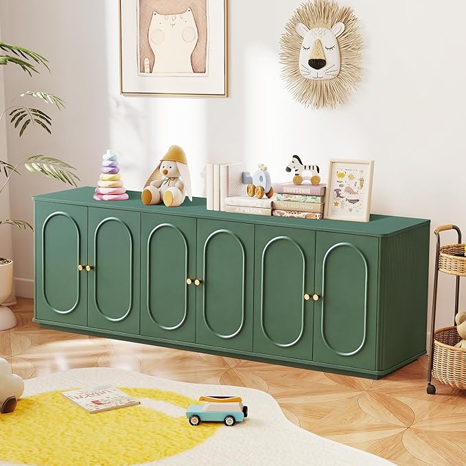 63'' Fluted Sideboard Buffet Cabinet with Storage and 6 Doors, Low Storage Cabinet Modern Wooden Accent Credenza Console Table for Kitchen Dining Living Room Entryway, (63"W*15.75"D*21.4"H) Green