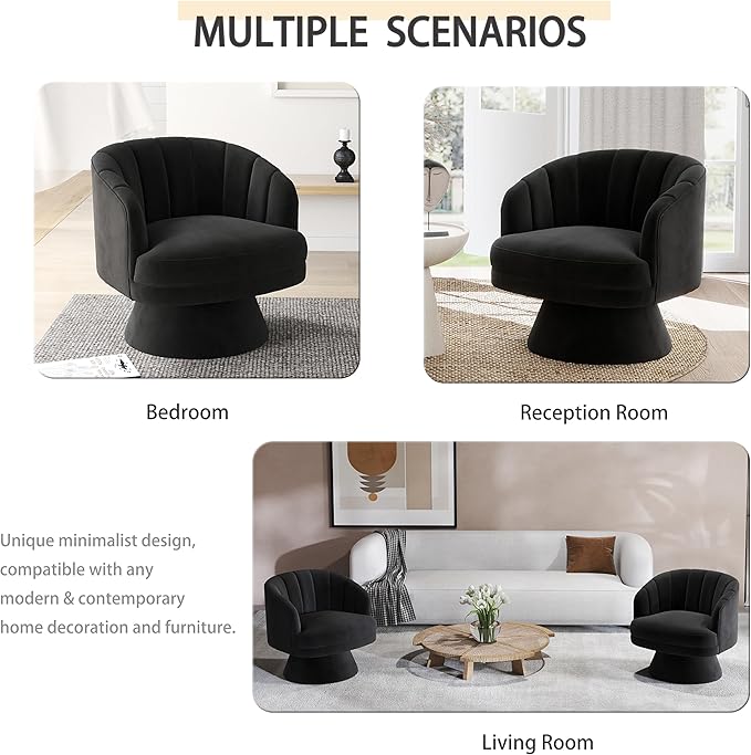 Swivel Accent Chair,Upholstered Velvet 360° Swivel Barrel Chair for Living Room Overstuffed Bouncle Reading Chair Round Armchair for Bedroom,Vanity,Office (Black)
