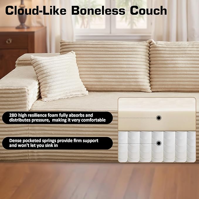 106" Cloud Sectional Couch with Chaise Lounge,L Shaped Modular Modern Sofa,Comfy Corduroy Fluffy Couches with Deep Seat,No Assembly Required Couch for Living Room(Right,Plush Corduroy,Beige)