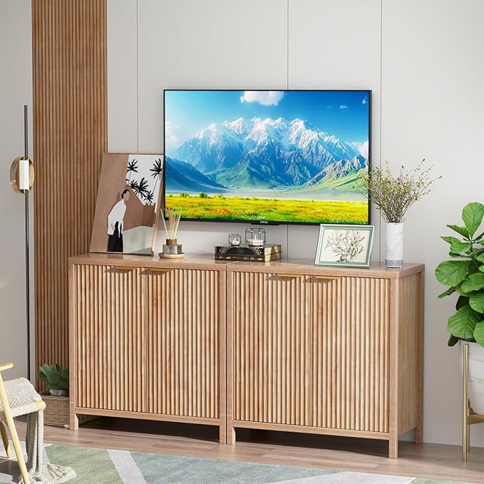 Sideboard Buffet Cabinet Set of 2, 31" Storage Cabinet with 2 Doors and Adjustable Shelves, Sideboard Console for Dinning Room, Kitchen and Living Room - Oak