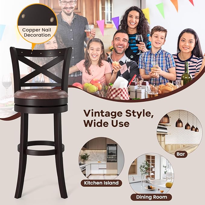 COSTWAY Bar Stools Set of 2, 30" Swivel Bar Height Bar Chairs with Copper Nails, Upholstered Seat, X-Shaped Backrest, Solid Rubber Wood Frame, for Kitchen Island Pub Bar