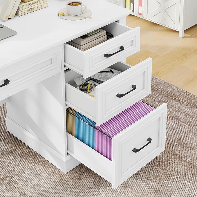 Vabches Farmhouse 47" Executive Desk, Computer Desk with Drawers and File Drawer, Workstation Computer Desk with Charging Station for Home Office,Study,Cream White.