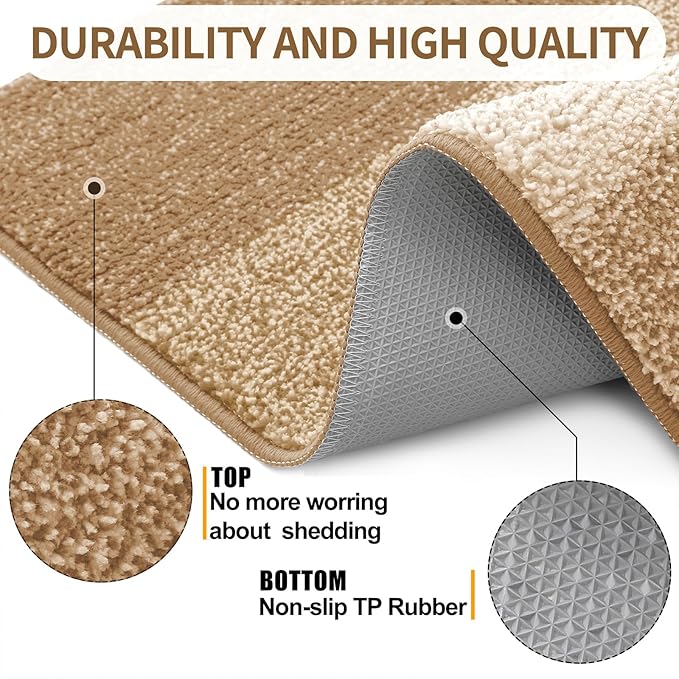 Kitinjoy Indoor Outdoor Door Mat, 30x17 Non-Slip Absorbent Dirt Trapper, Low-Profile Washable Inside Entrance Front Floor Mat, Sturdy Soft Entry Doormats for Entryway, Camel