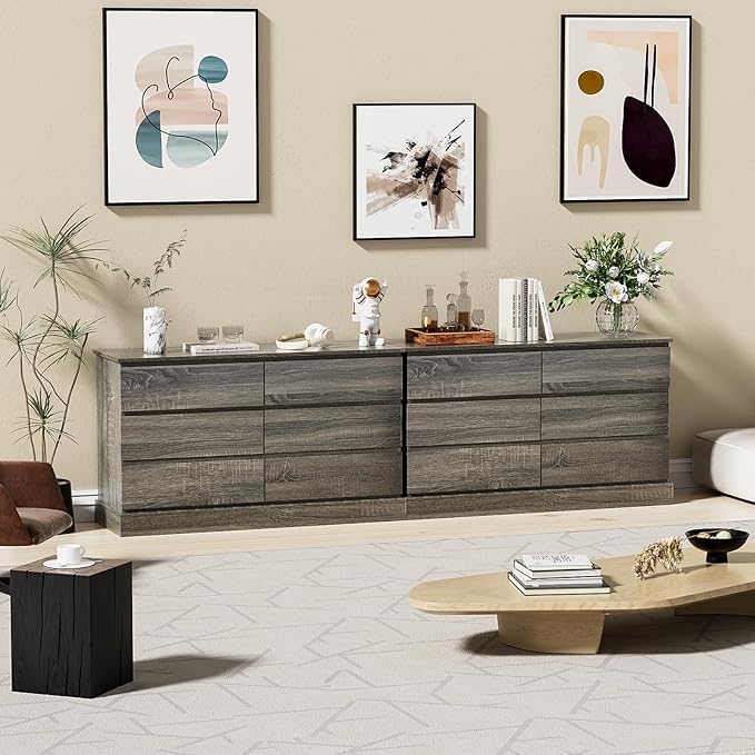 Gray Dresser for Bedroom, Modern 6 Drawer Dresser, Freestanding Wood Dressers, Wide Chest of Drawers Dressers, TV Stand with Sturdy Base Storage for Living Room, Hallway, Entryway
