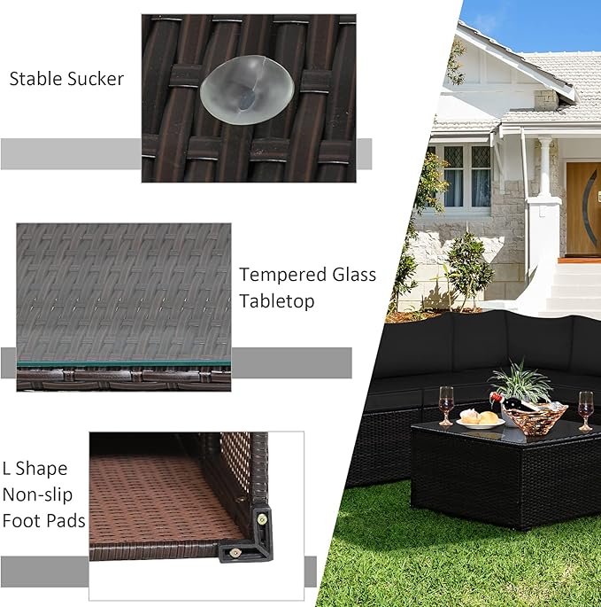 Tangkula 6 Pieces Patio Furniture Set, Outdoor Rattan Sofa Set, Wicker Conversation Set w/Tempered Glass Coffee Table & Cushions, Sectional Sofa Set for Backyard, Garden, Balcony, Poolside (Black)