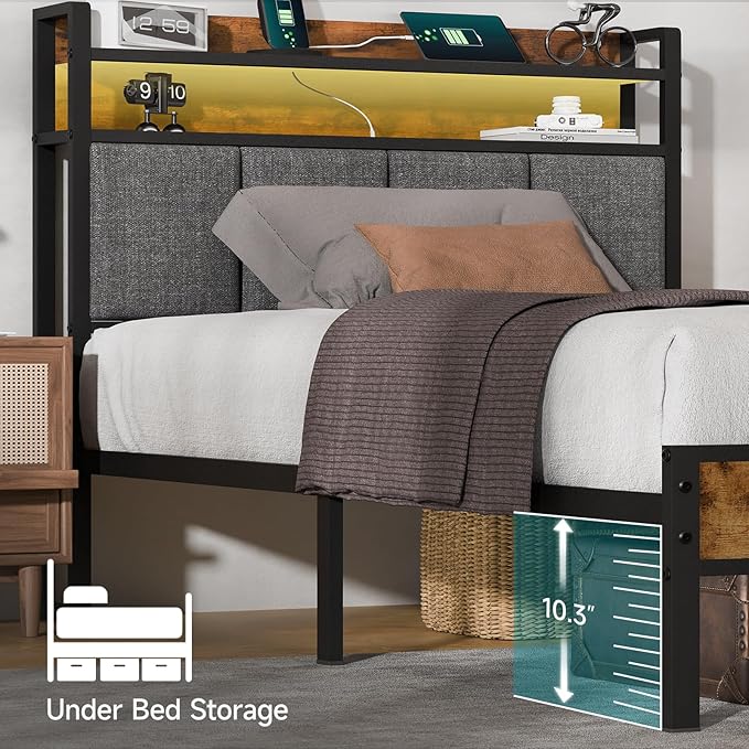 Z-hom Full Bed Frames, Full Bed Frame with 2-Tier Storage Upholstered Headboard, Metal Platform with USB Charging Station & LED Lights, Noise Free, No Box Spring Needed, Easy Assembly, Vintage Brown
