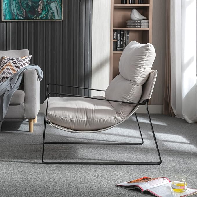 LukeAlon Modern Linen Accent Armchair, Upholstered Soft Living Room Chair with Metal Base Removable Thickened Cushion Single Sofa Chair Comfy Lounge Chair for Bedroom Living Room, White