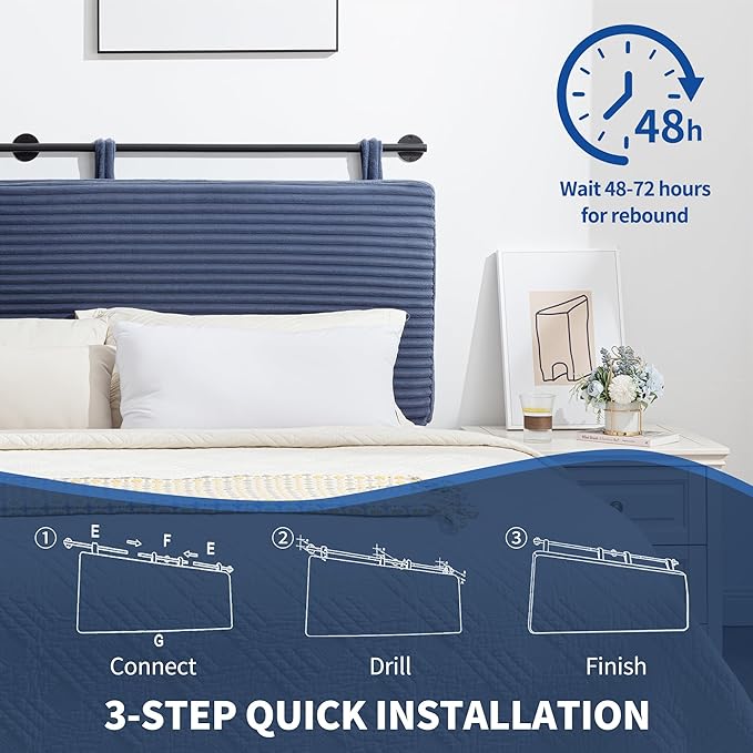 UEV Queen Headboard Only, Wall Mounted Hanging Upholstered Bed Head Board, Modern Vertical Channel Design of Fine Flannel, Elegant Dark Blue Fluted Headboard for Bedroom (Dark Blue, Queen Size)