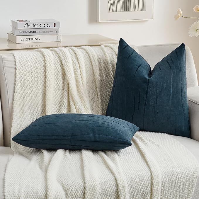 FUTEI Navy Blue Chenille Decorative Throw Pillow Covers 24x24 Inch Set of 2,Soft Embossed Striped Textured European Cushion Case,Modern Home Decor for Couch Bed Living Room