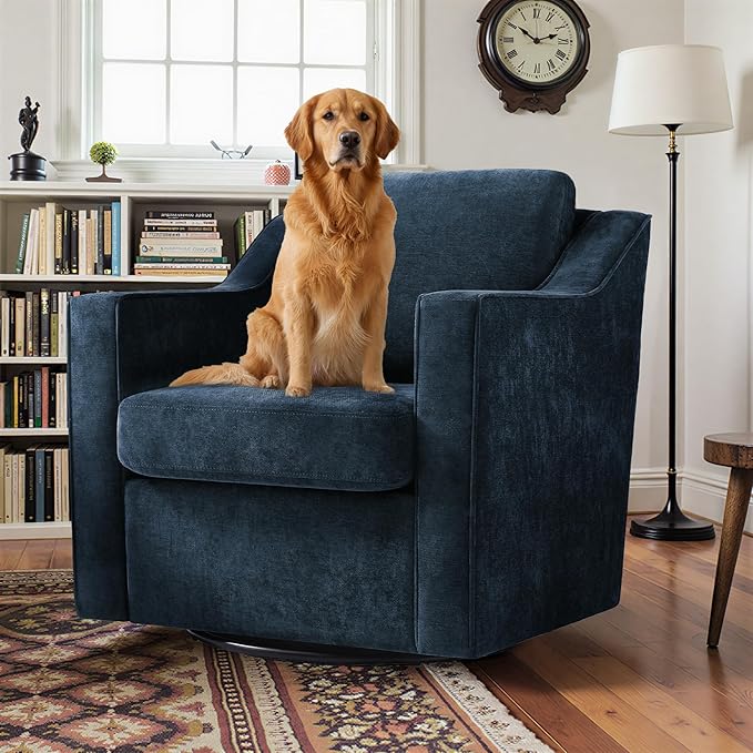Pia Ricco 2-Pack Plush Oversized Chenille Fabric Swivel Accent Chairs with Removable Covers, Living Room Reception Bundle Set,Grey Blue