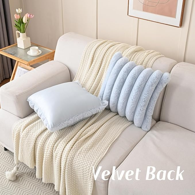 FUTEI Light Blue Decorative Throw Pillow Covers 16x16 Inch Set of 2, Square Soft Faux Rabbit Fur Thick Striped Cushion Cover,Winter Home Decor for Couch Bed Living Room
