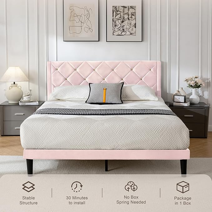 Queen Size Platform Bed Frame with Velvet Upholstered Headboard and Sturdy Wooden Slats Support,Mattress Foundation，Easy Assembly, No Box Spring Needed,Slip Resistant (Pink, Queen)