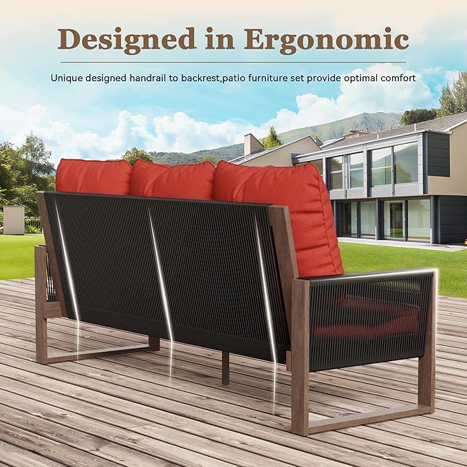 Patio Furniture 3 Seater Sofa Cedar Wood Indoor&Outdoor Couch, Outside Deep Seat High Back Porch Sofa