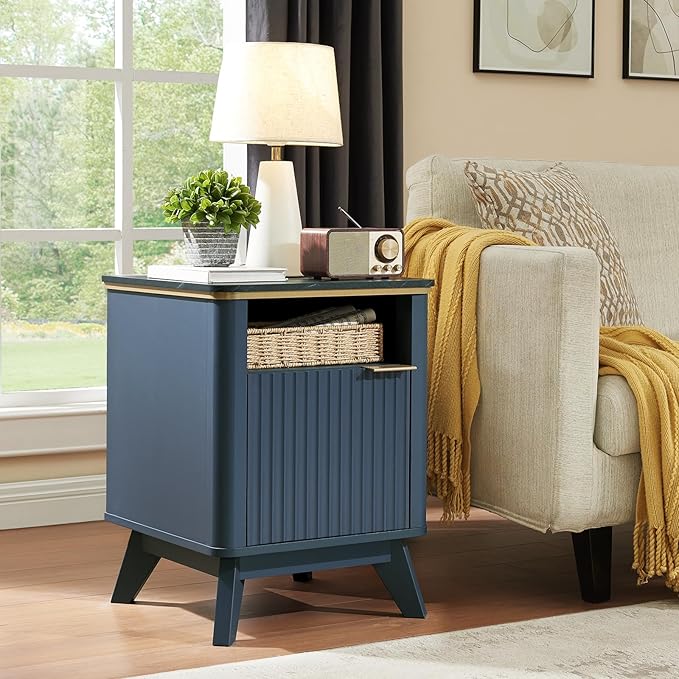 QUW Fluted Nightstands with Charging Station, 18" Modern Side Table, Wooden Bedside Table with Faux Marble Top, Open Storage, Cabinet, End Table for Bedroom, Living Room, Navy Blue