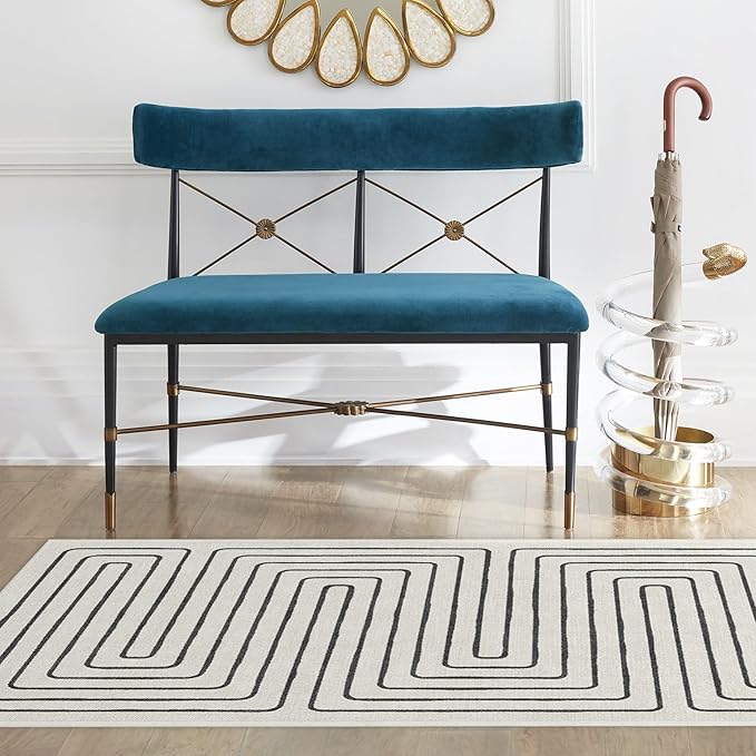 RUGGABLE x Jonathan Adler Machine Washable Area Rug – Labyrinth Black/Ivory 6 ft Round, Stain-Resistant, Non-Slip – Medium Rugs for Living Room, Bedroom, Hallway, Entryway & Office–with Cushioned Pad