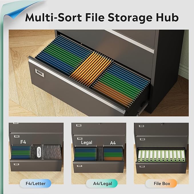 DEVAISE 3 Drawer Lateral File Cabinet with Lock, Metal Filing Cabinets for Home Office, 16" D x 35" W x 40.5" H Wide Storage Organization for Hanging Files Letter/A4/Legal/F4 Size, Black
