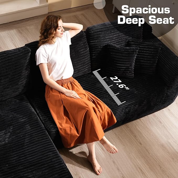Weaxty Boneless Sectional Couch, Oversized L Shaped Modular Cloud Couches, Plush Corduroy Memory Foam Deep Seat Floor Sofa, No Assembly Required，Black