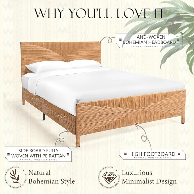 Yechen Boho Full Bed Frame with Headboard and Footboard, Hand-Woven Rattan Mid Century Modern Bedframe with Vintage Pattern, Wicker Bed with Metal Frame and Metal Slats, No Box Spring Needed, 1000lbs