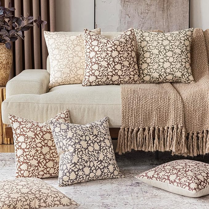 Foindtower Set of 2 Decorative Neutral Floral Throw Pillow Covers Accent Farmhouse Cushion Covers Boho Vintage Pillowcase for Couch Sofa Bedroom Living Room Home Decor,18×18 Inch,Sage Green