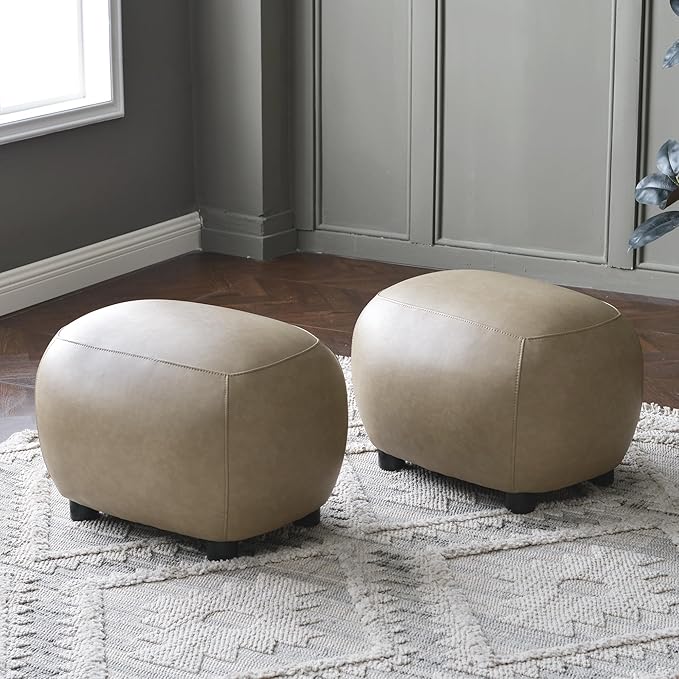 KINWELL 23" Wide Faux Leather Upholstered Ottoman Set of 2, Mid-Century Modern Living Room Footrest with Soft Padded Seat, Footstool for Bedroom, Entryway or Living Room, Khaki