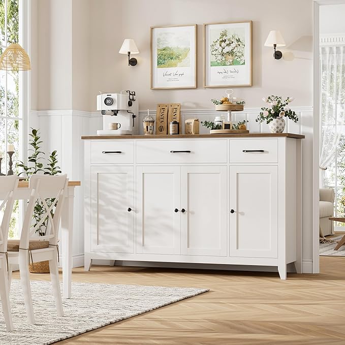 HORSTORS 55" Buffet Cabinet, Modern Farmhouse Sideboard Buffet with Drawers, Large Kitchen Storage Cabinet with Adjustable Shelves, Wood Coffee Bar for Kitchen, Dining Room, Living Room, White