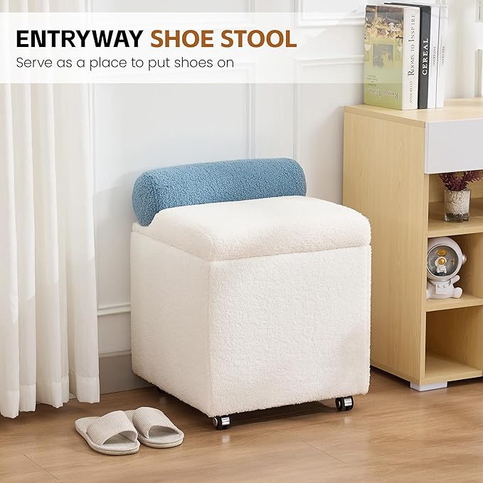 Boucle Vanity Chair with Storage, Swivel Makeup Vanity Chair with Wheels & Safety Hinge, Upholstered Vanity Stool Ottoman for Bedroom, Dressing Room, White