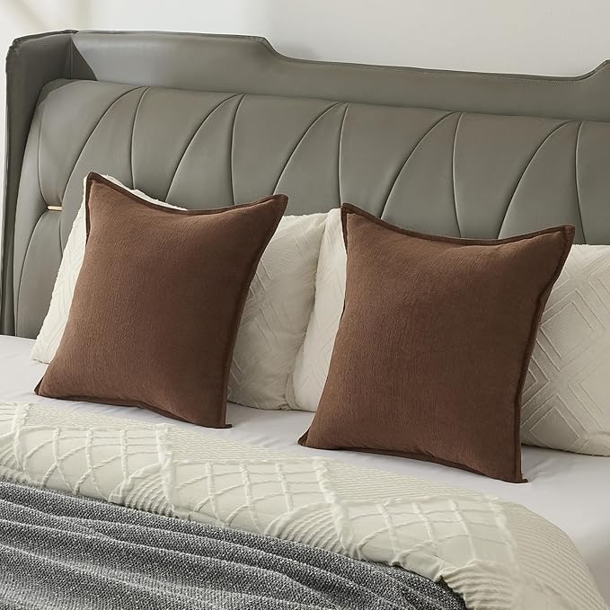 FUTEI Brown Chenille Throw Pillow Covers 20x20 Inch Set of 2,Edges Double-Stitched Cushion Cases,Modern Home Decor for Couch Living Room