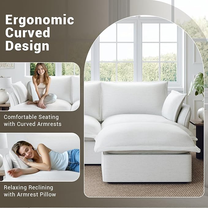 82” Modular Sectional Sofa, Comfy Down Fill Cloud Couch with Movable Ottoman, L Shaped Modular Small Couch with Washable Cover, Sectional Couches for Living Room Small Apartments, Cream White