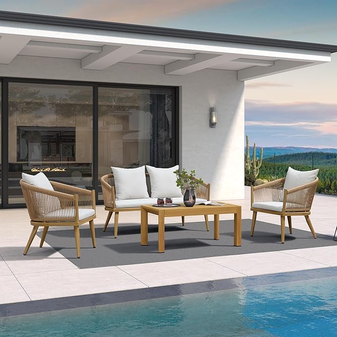 PURPLE LEAF 4 Pieces Patio Conversation Set Outdoor Wicker Furniture with Aluminum Table and Rattan Chairs Sofa Cushions Included for Porch Backyard Garden Balcony Teak