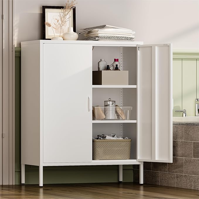 Metal Cabinet with 2 Doors and 4 Shelves，39.96" Tall Steel Office Cabinet,Bathroom Floor Locker，for Office,Home,Garage,Gym,School (White)