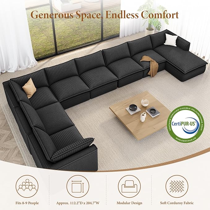 Vesgantti 204.7" Oversized Sectional Boneless Couch, Modern 9 Seater Modular Sofa with Chaise, Deep Seat Convertible Plush Corduroy Cloud Couches for Living Room, No Assembly Required, Dark Gray