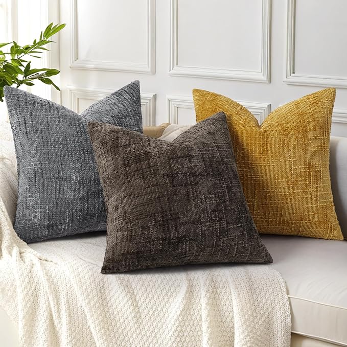 decorUhome Mustard Yellow Chenille Throw Pillow Covers 24x24 Set of 2 Thick Textured Slubby Couch Pillow Covers Farmhouse Accent Modern Neutral Decorative Pillow Cases for Bed Sofa Living Room