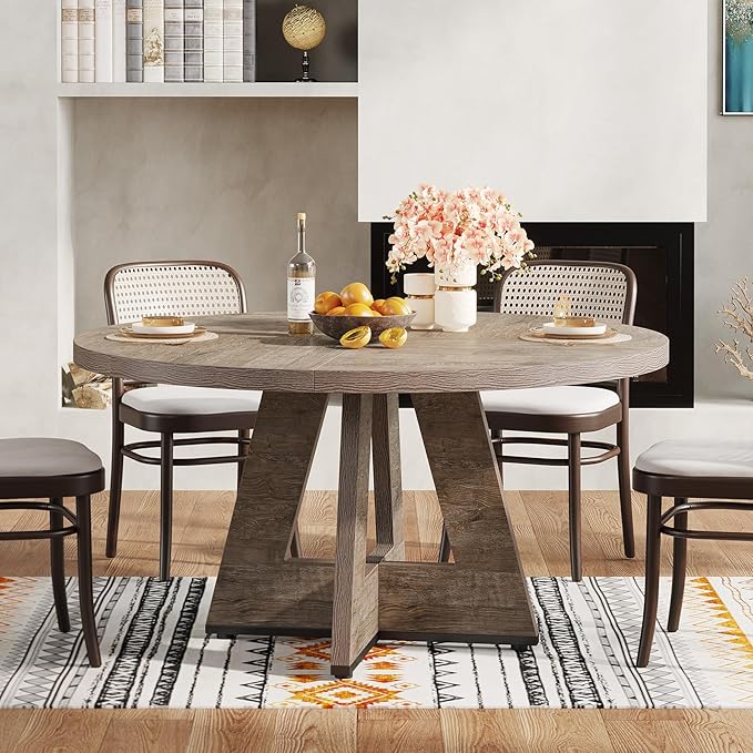 Tribesigns Round Dining Table for 4, 47 inch Farmhouse Circle Kitchen Table with Wooden Pedestal Base for Kitchen, Dining Room, Living Room (Grey)