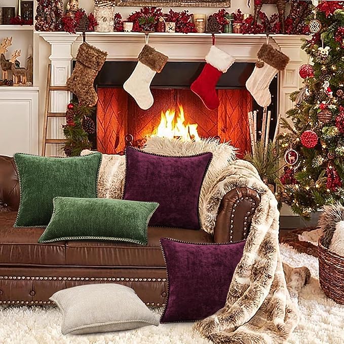 decorUhome Christmas Chenille Soft Throw Pillow Covers 12x20 Set of 2, Lumbar Velvet Farmhouse Neutral Decorative Euro Fall Pillow Covers with Stitched Edge for Couch Sofa Bed Home Decor, Forest Elf