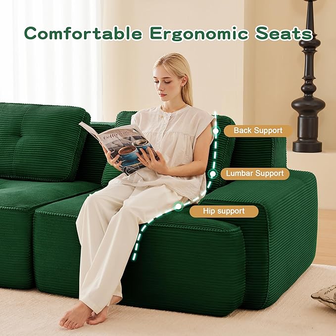 150.4” Green Boneless Couches for Living Room, Modular Sectional Sofa, 4 Seater Comfy Upholstered Deep Seat Corduroy Fabric Cloud Couch No Assembly, Anti-Slip Design