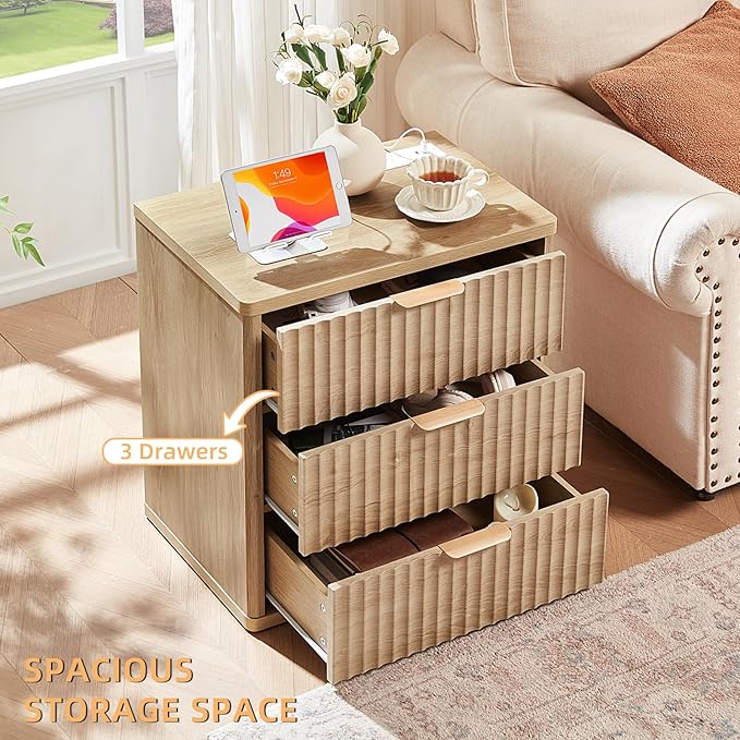 LEYAOYAO Fluted Farmhouse Nightstand Set of 2 with Charging Station, 23" Wide 2 & 3 Drawers Large End Table with Metal Handle, Natural Night Stand Bedside Table, Wood Dresser for Bedroom,Closet