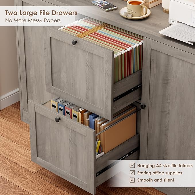 HIFIT 72'' Tall File Bookcase with Power Outlet & Printer Stand, 2 Drawer Filing Cabinets for Home Office Hanging A4 File, Storage Cabinet w/ 3 Tier Open Book Shelf & Doors for Living Room, Ash Grey