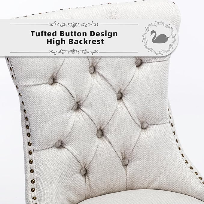 Linen Upholstered Dining Chairs Set of 4, Modern Style Kitchen Side Chairs with Nailhead Trim and Wood Leg, Metal Pulling Ring for Dining Room Living Room(Beige,Set of 4)