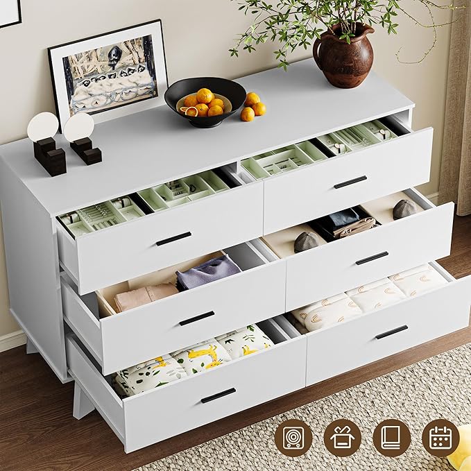 Dresser for Bedroom with 6-Drawer, 47.2" Modern Chest of Drawers with Metal Handles, X-Shape Base & Adjustable Center Leg, Anti-Tip Closet Organizers and Storage