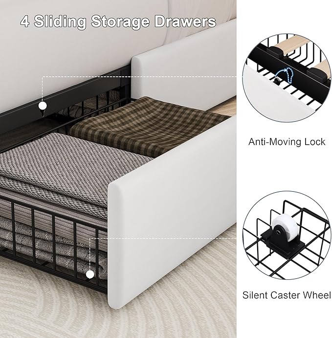 Queen Size Bed Frame with 4 Storage Drawers & Charging Station, Linen Upholstered Platform Bedframe, Button Tufted Wingback Headboard, Sturdy Wooden Slats, No Box Spring Needed, White