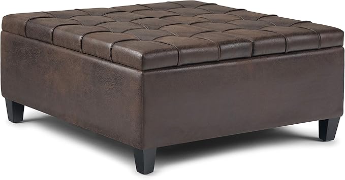SIMPLIHOME Harrison Coffee Table Storage Ottoman - 36 inch Wide Upholstered Vegan Leather Square Lift-Top Ottoman in Distressed Brown, Transitional Ottoman for Living Room with Hidden Storage