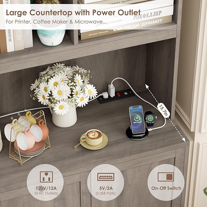 HIFIT 72'' Tall File Bookcase with Power Outlet & Printer Stand, 2 Drawer Filing Cabinets for Home Office Hanging A4 File, Storage Cabinet w/ 3 Tier Open Book Shelf & Doors for Living Room, Ash Grey